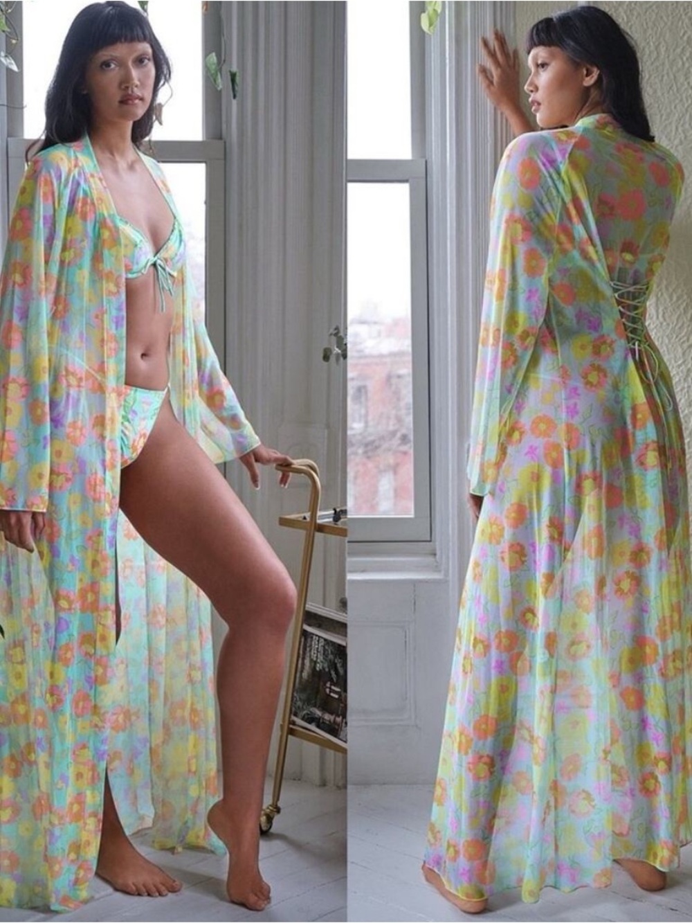 Sheer Floral Maxi Robe - Pastel Multi